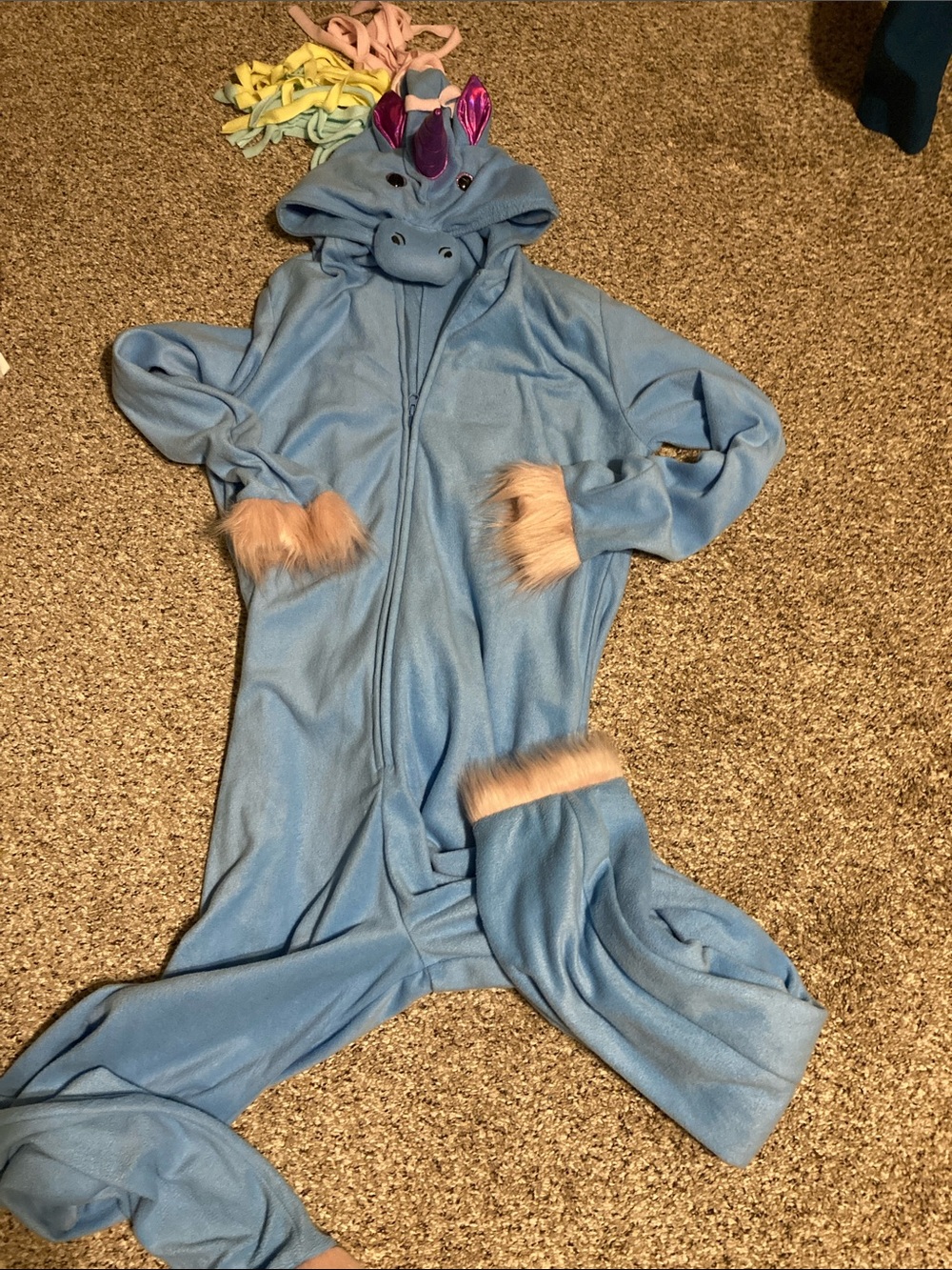 Blue Unicorn Onesie with Pink Faux Fur Accents Size L. Brand new w tags.